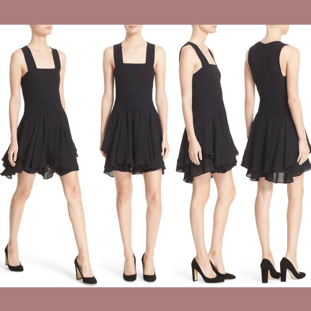 NEW $565 A.L.C Sabine Smocked Flutter Hem Dress in Black [SZ 2‎ ] #M781